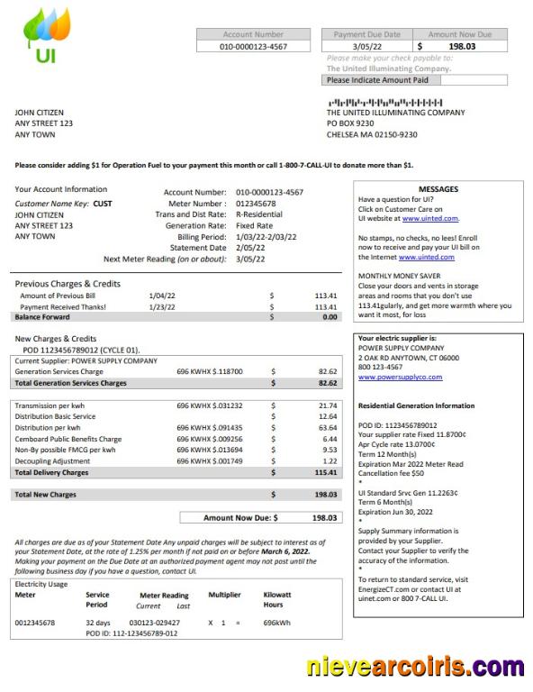USA Massachusetts Chelsea UI The United Illuminating Company utility bill